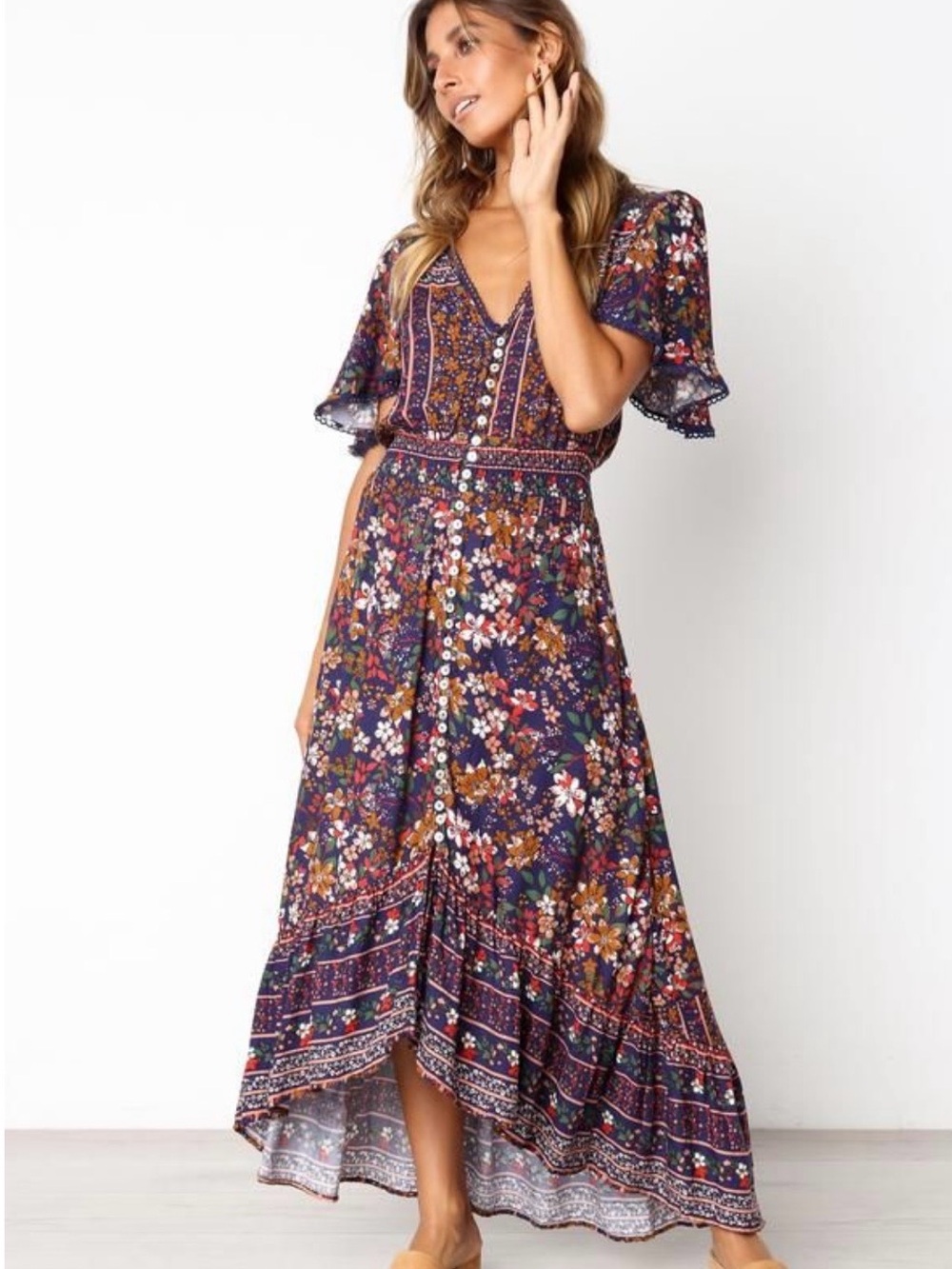 Bohemian Floral Button-Front Midi Dress in Navy